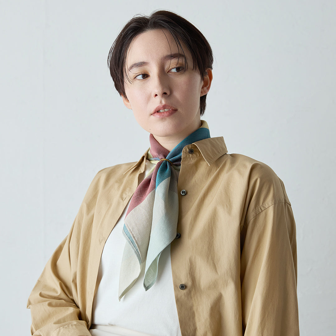 Block Check Silk Scarf with Ring