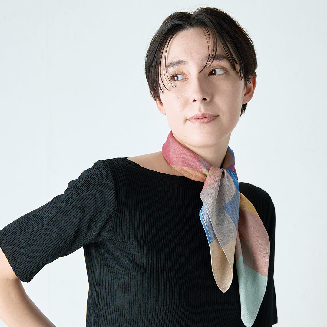 Block Check Silk Scarf with Ring